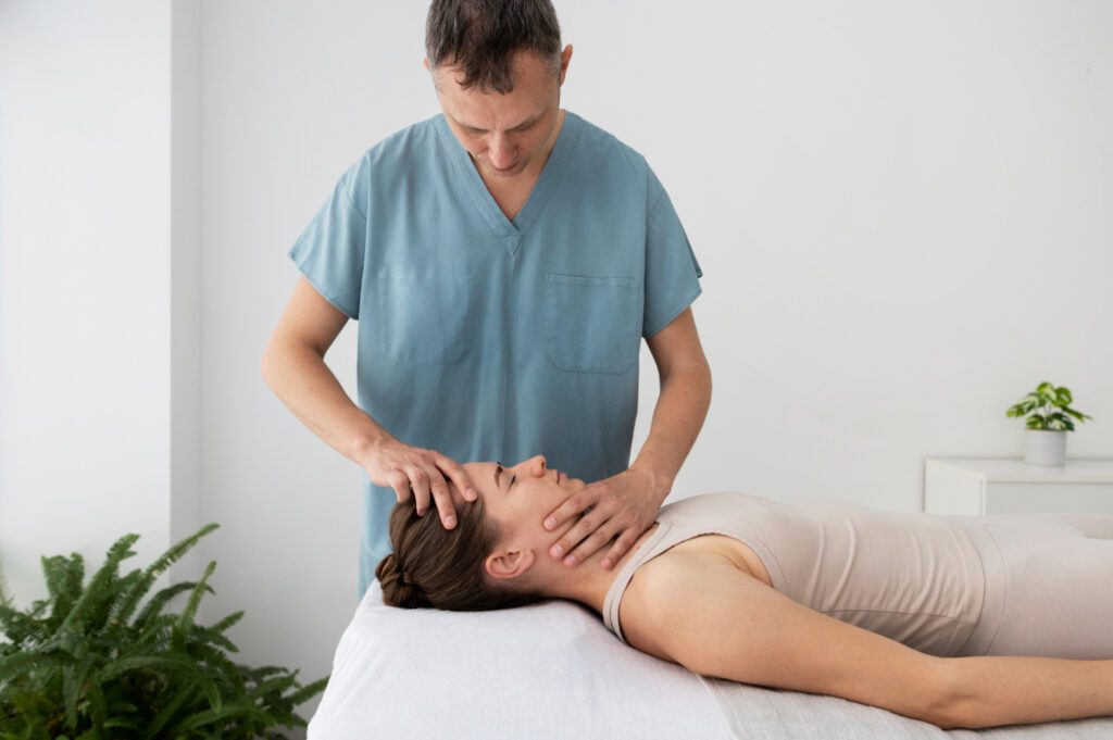 Patient receiving mental osteopathic therapy session for stress and chronic pain relief